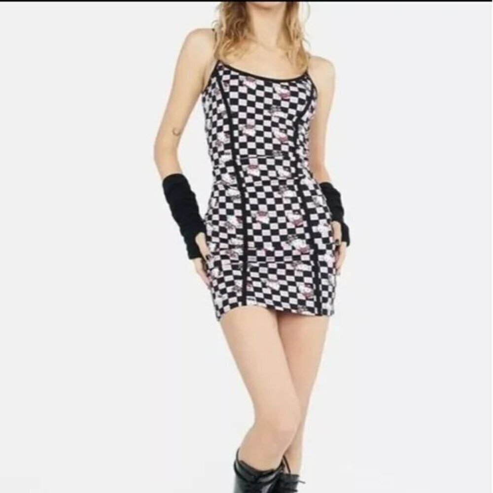 Sanrio Hello Kitty Womens Checkerboard Print Mini Dress Size 10 Strappy Coquette